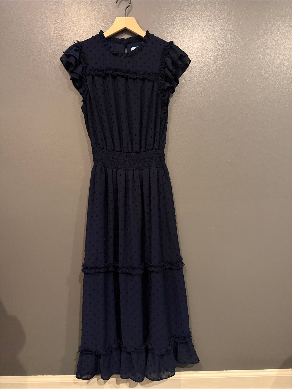 CeCe Navy Swiss Dot Maxi Dress with Ruffle Detail